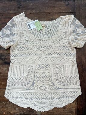 NWT Meadow Rue Cream Embroidered Lace Crochet Short Sleeve Sz M